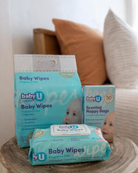 BabyU Nappy Change Essentials Bundle 2 - Fragrance Free Wipes, Scented Nappy Bags & Dispoable Change Mats