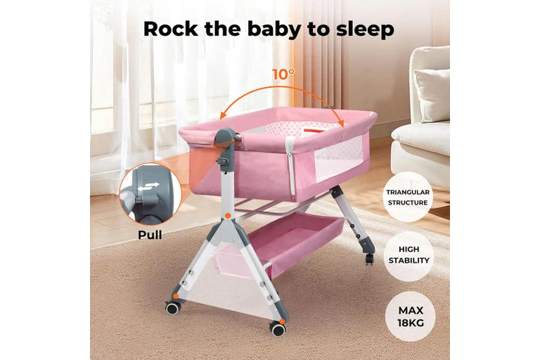Baby Cot Bed Crib Portable Bassinet Safety Fence Adjustable Bedside Pink