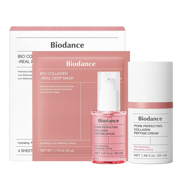 BIODANCE Collagen Trio: Bio Collagen Real Deep Mask & Pore Perfecting Peptide Serum & Firming Cream, Glass Skin Daily Routine Kit, Plumping Hydration, Korean Skincare Set
