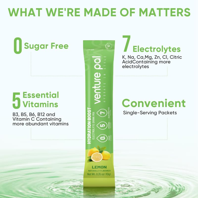 Venture Pal Sugar Free Electrolyte Powder Packets - Liquid Daily IV Drink Mix for Rapid Hydration & Party Recovery | 5 Vitamins & 7 Electrolytes| Keto Friendly | Non-GMO | Certified Vegan | 16 Sticks