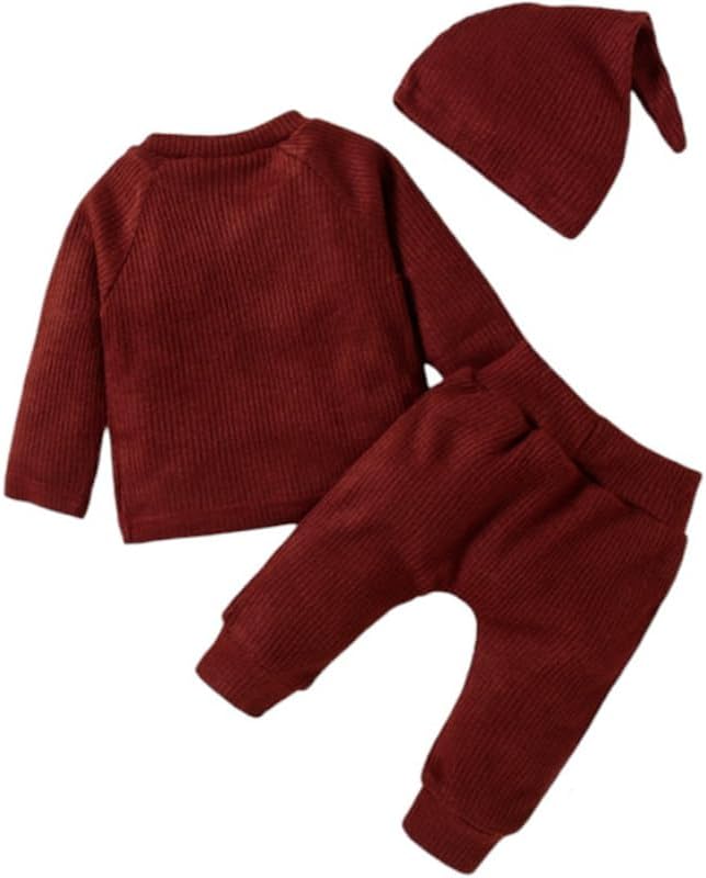 3pcs Newborn Baby Clothes Long Sleeve Ribbed Top Pants and Matching Hat Set Fall Spring Outfit Birthday Gift 0-24 Months