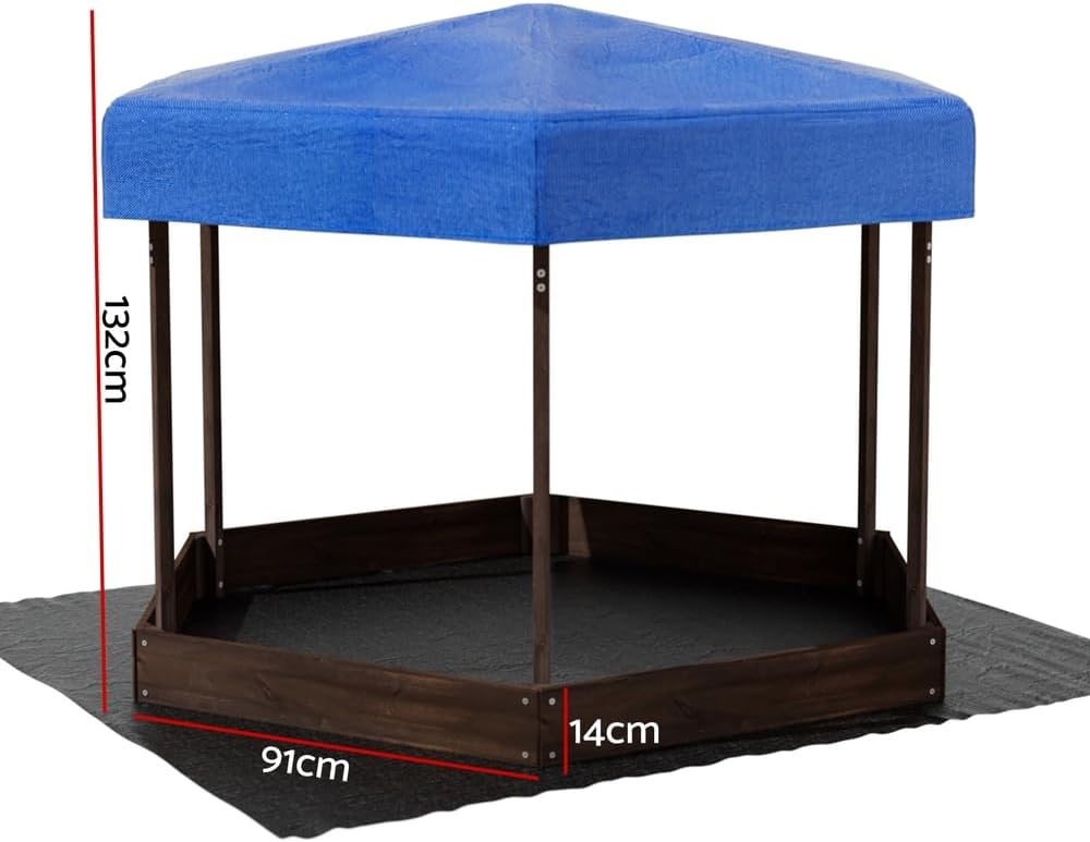 Keezi Kids Sandpit, Wooden Water Table Hexagon Sand Pit Play Toys Sandcastle Garden Patio Beach Activity Outdoor Toy Games, with Adjustable Canopy Ground Sheet Large Seat