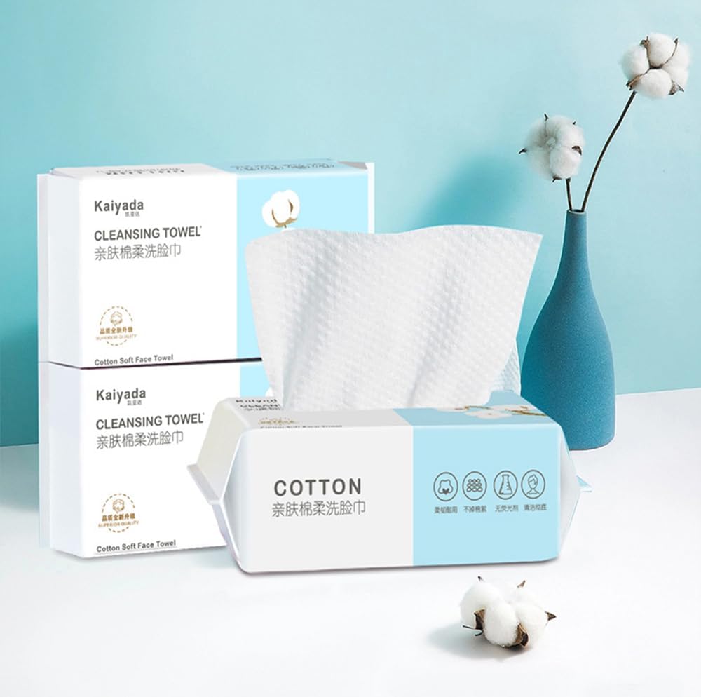 3 Pack Soft and Dry Wipe,Disposable Face Towel,100% Cotton, Lint Free, Wet Use for Sensitive Skin, Facial Cleansing, Makeup Removal, Surface Cleaning Cotton Tissue Soft Towel 300 Count
