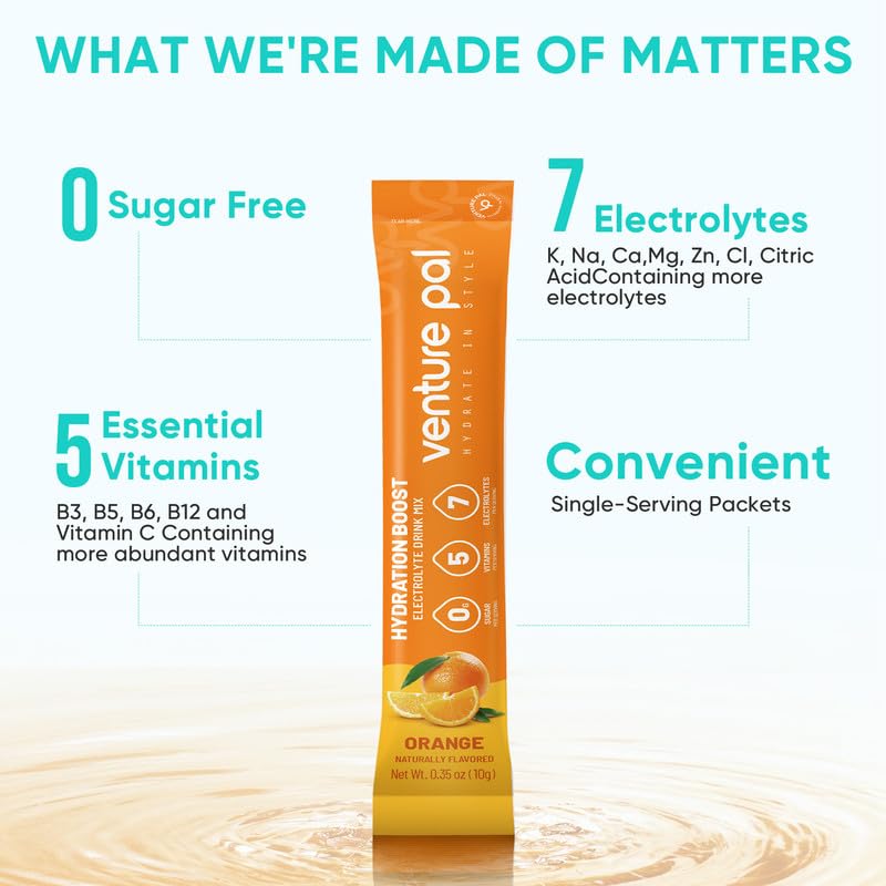 Venture Pal Sugar Free Electrolyte Powder Packets - Liquid Daily IV Drink Mix for Rapid Hydration & Party Recovery  | 16 Sticks