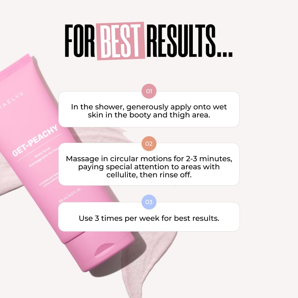 MAËLYS Cosmetics GET-PEACHY Bum Scrub - Smoothening, Brightening Bikini Bum Exfoliator for Bumps and Dark Spots - Helps Reduce the Look of Cellulite