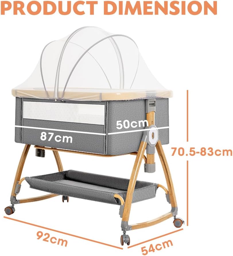 PlayPals 3-in-1 Baby Cot with Mattress, Baby Bassinet with 6 Height Adjustable, Storage Basket, Mosquito Net & Lockable Wheels, Baby Bassinet Bedside Sleeper Suitable for Babies 0-18 Months Old