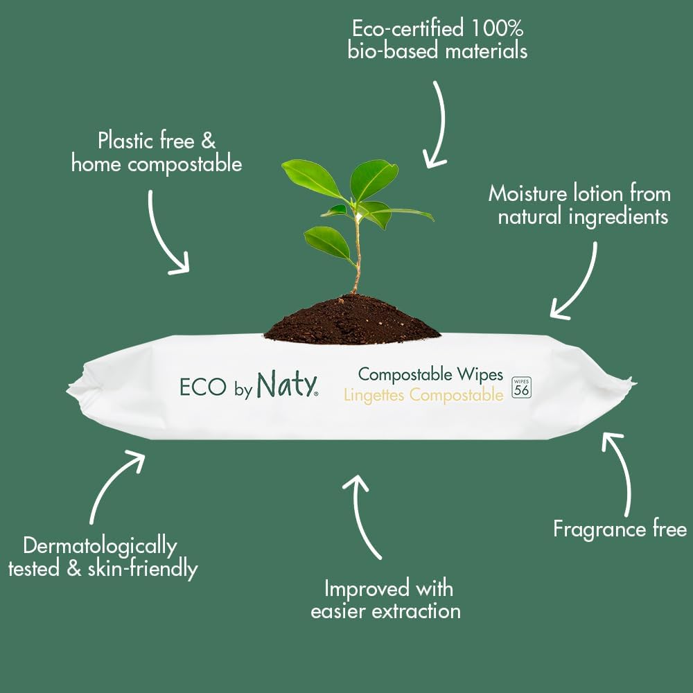 Eco by Naty Unscented Baby Wipes - 100% Compostable and Plant-Based Wipes, Good for Babies and Newborn Sensitive Skin (336 Count - Pack of 56 x 6)