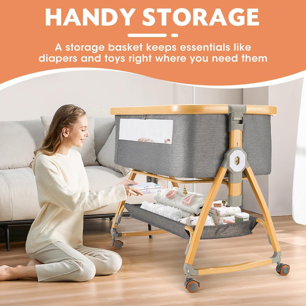 PlayPals 3-in-1 Baby Cot with Mattress, Baby Bassinet with 6 Height Adjustable, Storage Basket, Mosquito Net & Lockable Wheels, Baby Bassinet Bedside Sleeper Suitable for Babies 0-18 Months Old