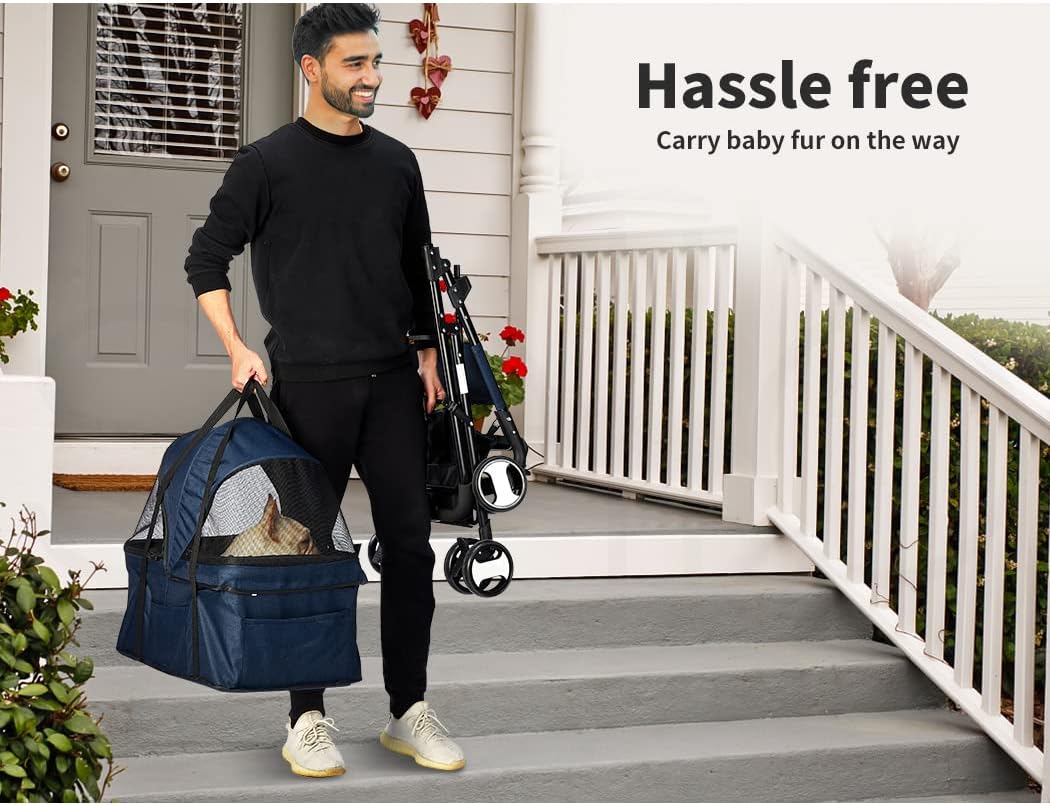 PaWz Large Pet Stroller Dog Cat Carrier Travel Pushchair Foldable Pram 4 Wheels Blue, Travel Pram, Dog Cat Trolley, Detachable Design Baby Pet Travel Stroller, Removable and Washable Padded