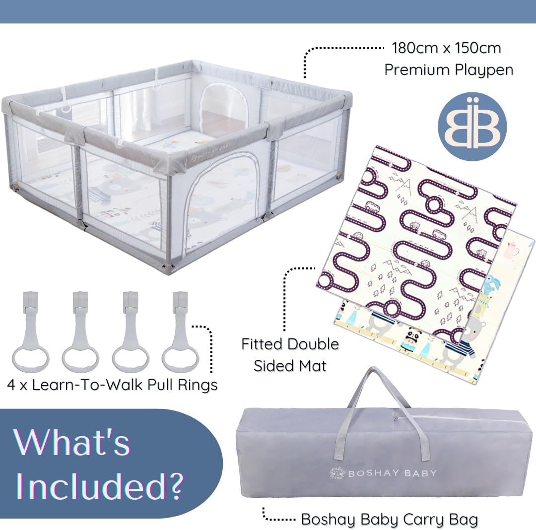 BABY Large Grey Playpen with Mat (Roads/Bears), 1.8m x 1.5m Large Playpen in Grey