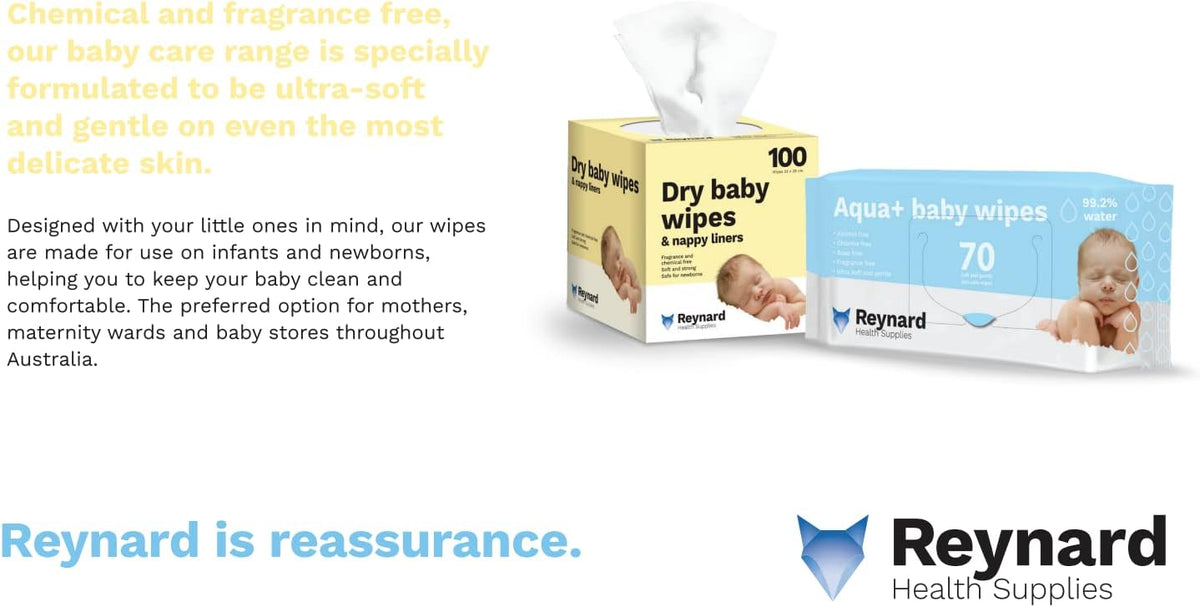 Reynard Health Supplies Ultra-Soft Dry Baby Wipes, Chemical & Fragrance Free, White, 33 x 29 cm, 100 Count