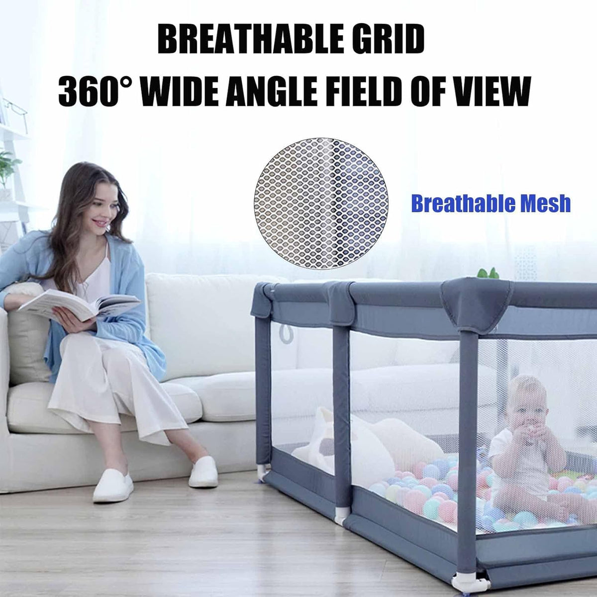 Baby Playpen, 150 x 180 x 68cm Large Playpen for Baby and Toddlers- Grey