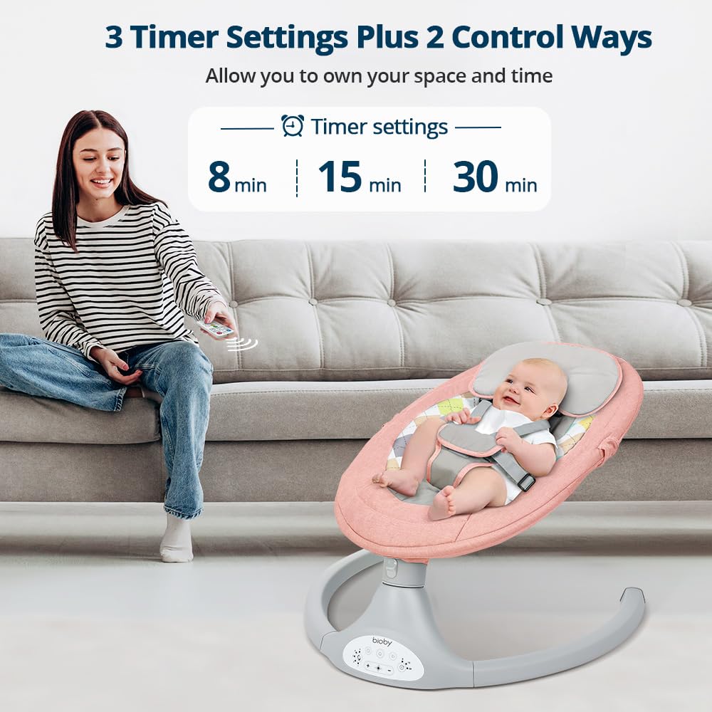 Bioby Baby Swing for Infants with 5 Natural Sway Speeds, Portable Music for 5-20 Lb,0-12 Months Pink