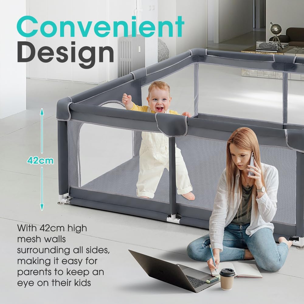 Baby Playpen – 180x200cm Spacious Play Yard for Babies & Toddlers,Grey
