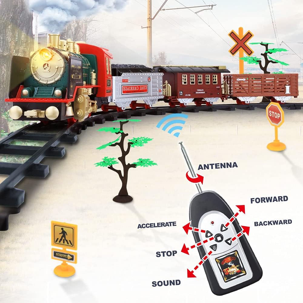 Remote Control Train Set,Sound and Lights Smoke Steam Locomotive Engine Train,Christmas Tree for 3 4 5 6 7 8+ Year