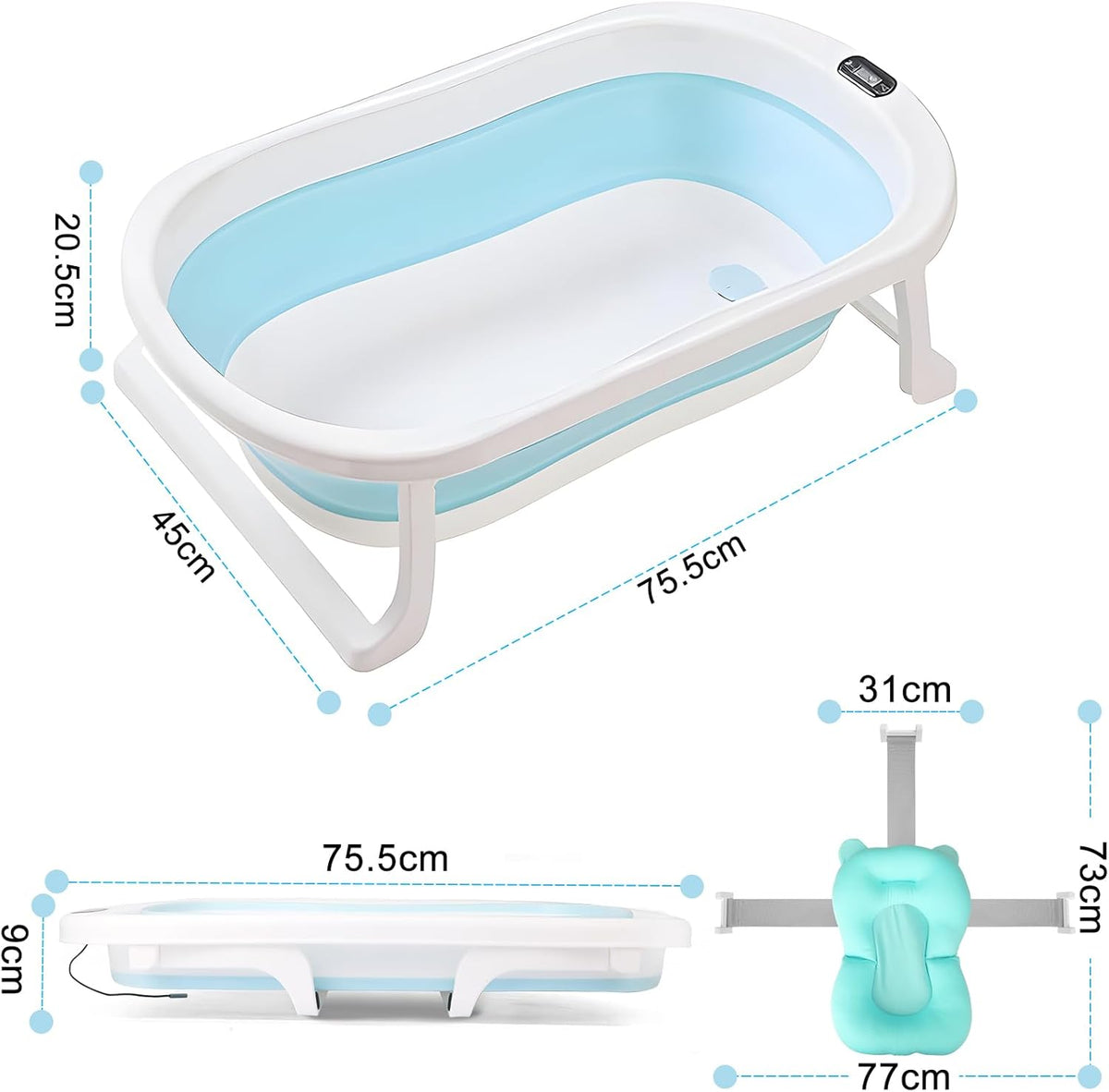 Baby Bath Tub, Baby Bathtub with Water Temperature Sensor for Newborn, Timkos Collapsible Bath for Travel, Baby Bath Seat with Support Pad and Thermometer (Blue)