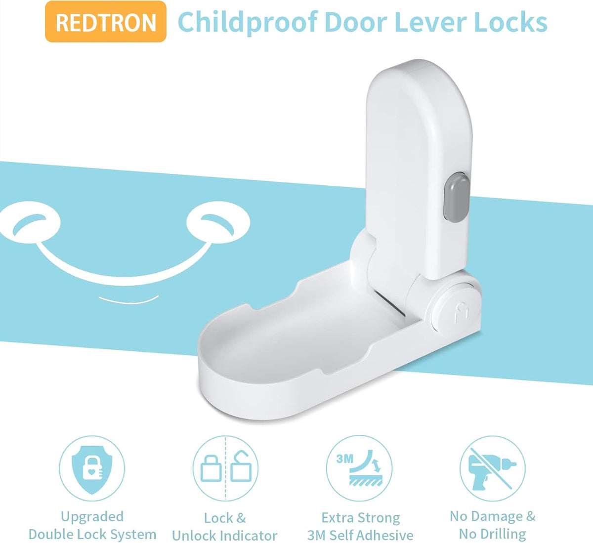 REDTRON Door Level Lock (Upgraded), 2 Pack Baby Door Safety Locks with 3M Adhesive, Childproof Door Handle Lock for Bedroom, Bathroom, Kitchen, Easy to Install, No Tools Required (White)