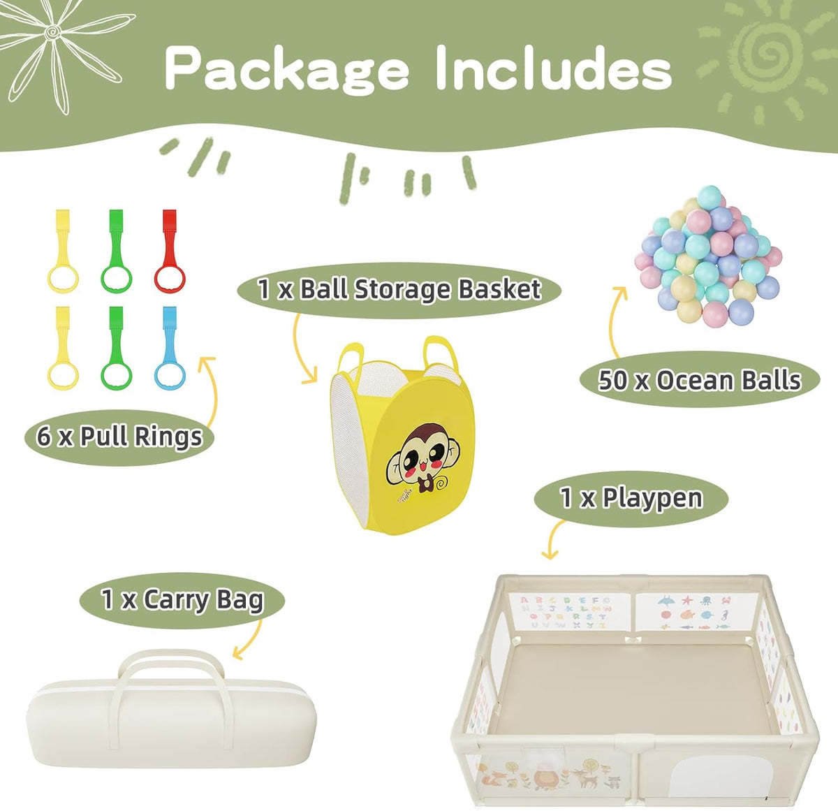 Baby Playpen 200 x 160 cm, Extra-Large Non-Slip Playpens with Patterns, 50 Ocean Balls(Beige)