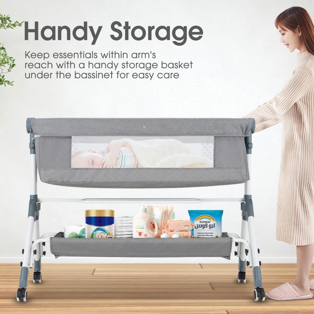 PlayPals Baby Bassinet with Mattress, Rocking Baby Crib with Storage Basket Grey