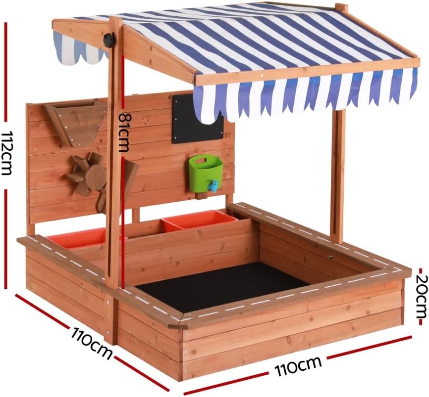 Keezi Kids Sandpit Wooden Canopy Sandbox with Cover Funnel Outdoor Toys 110cm
