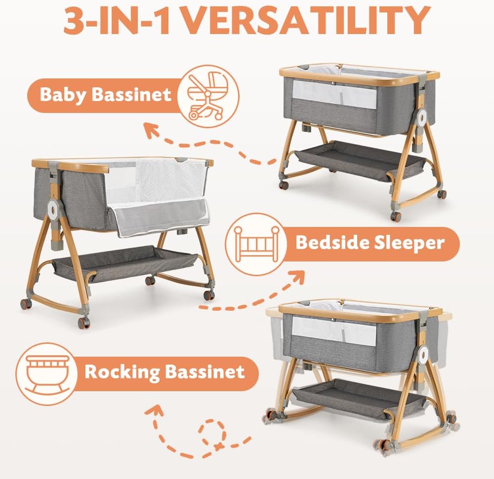 PlayPals 3-in-1 Baby Cot with Mattress, Baby Bassinet with 6 Height Adjustable, Storage Basket, Mosquito Net & Lockable Wheels, Baby Bassinet Bedside Sleeper Suitable for Babies 0-18 Months Old
