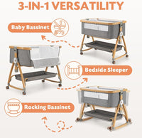 PlayPals 3-in-1 Baby Cot with Mattress, Baby Bassinet with 6 Height Adjustable, Storage Basket, Mosquito Net & Lockable Wheels, Baby Bassinet Bedside Sleeper Suitable for Babies 0-18 Months Old