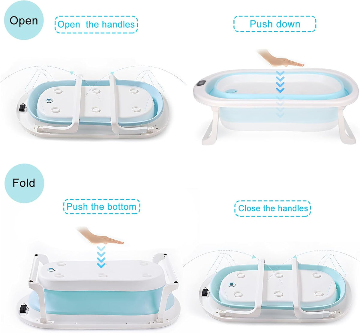 Baby Bath Tub, Baby Bathtub with Water Temperature Sensor for Newborn, Timkos Collapsible Bath for Travel, Baby Bath Seat with Support Pad and Thermometer (Blue)