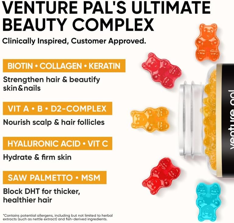 Venture Pal Biotin Gummies with Collagen & Keratin - Hair Growth Support Skin and Nail Strength Vitamins for Women & Men - Biotin 10000mcg | B-Complex | Saw Palmetto - Sugar Free, Non-GMO, 60ct