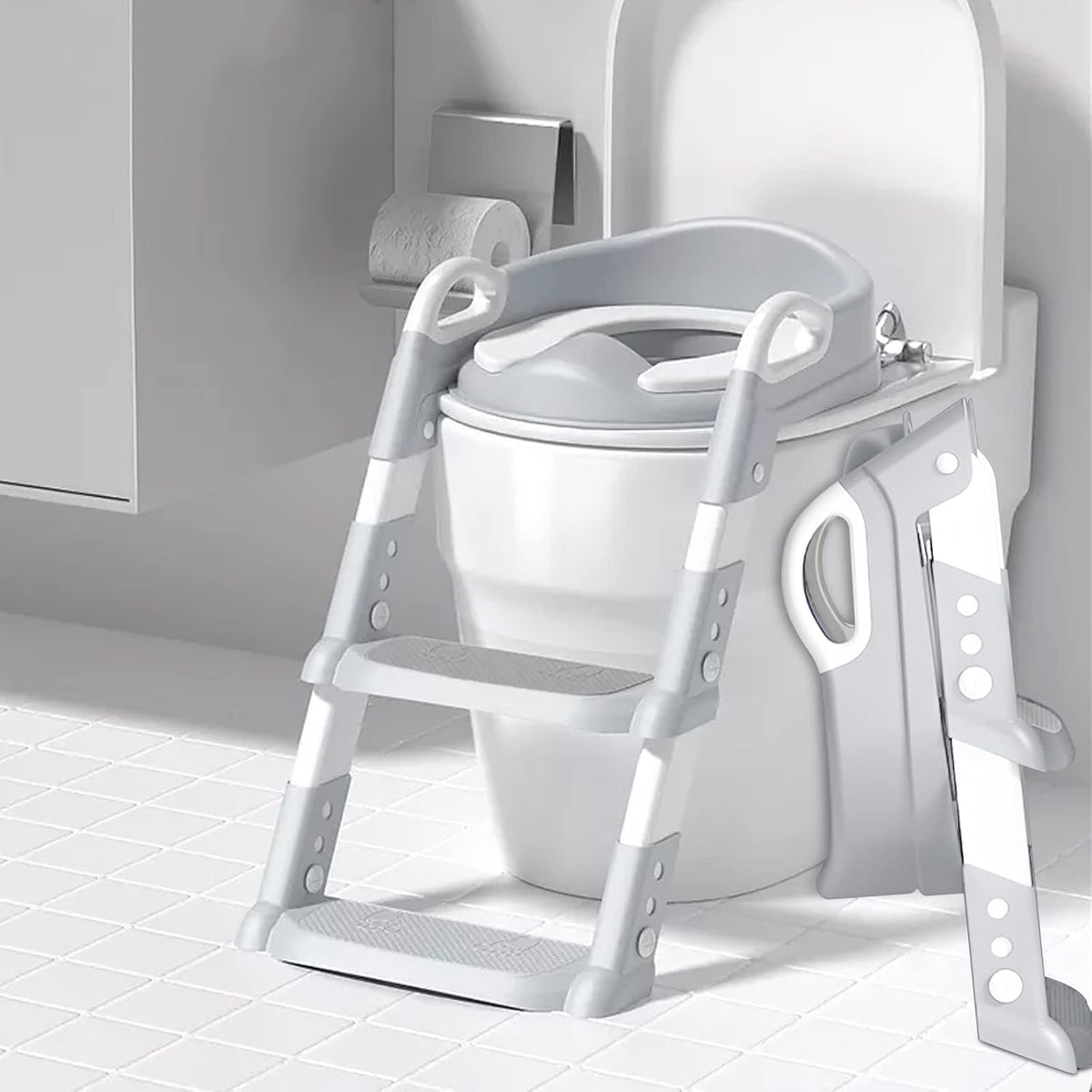 Potty Training Seat with Step Stool Ladder,Potty Training Toilet for Kids Boys Girls(Grey)