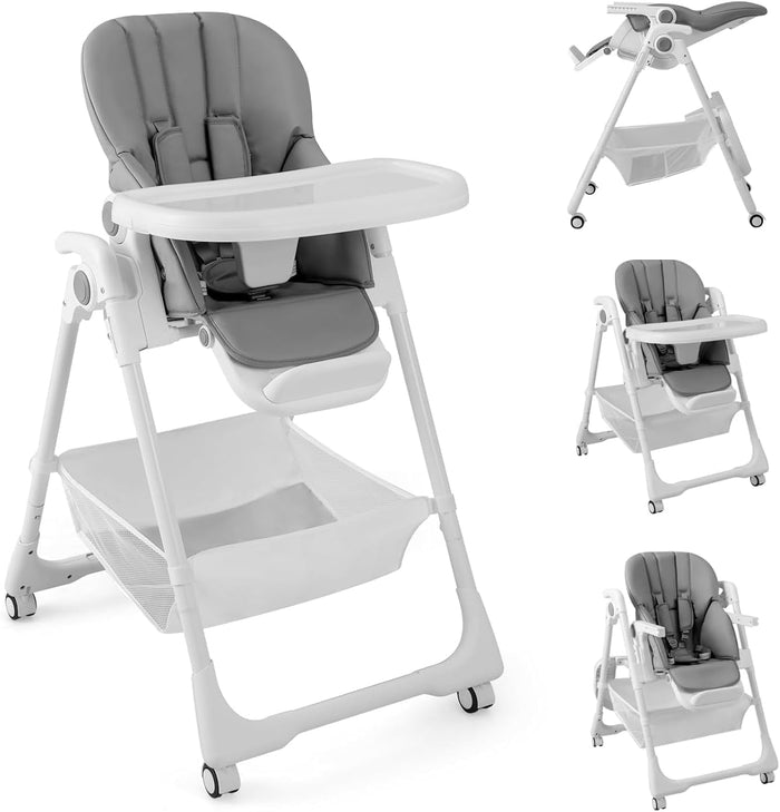 BABY JOY Baby High Chair, Foldable Highchair w/ 7 Heights, 5 Recline Positions(Grey)