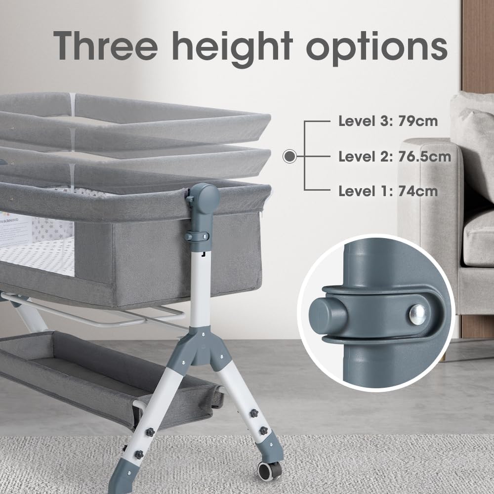 PlayPals Baby Bassinet with Mattress, Rocking Baby Crib with Storage Basket,Grey