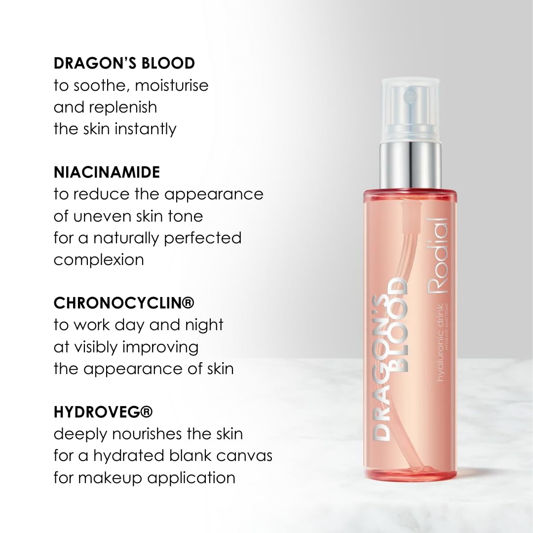 Rodial Dragon's Blood Hyaluronic Drink 3.4 fl.oz - Re-energize and Refresh - Hydrating Makeup Primer, Dewy Setting Spray, Tonic and Serum in One