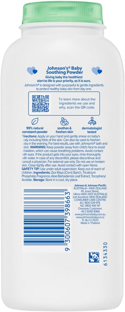 Johnson’s Baby Pure Cornstarch Aloe & VIT E Soothing Moisture Absorbing Baby Powder 200g|99% natural, plant-based cornstarch|Keep skin dry & soft, prevents heat rash & chafing|Suitable for adults & babies
