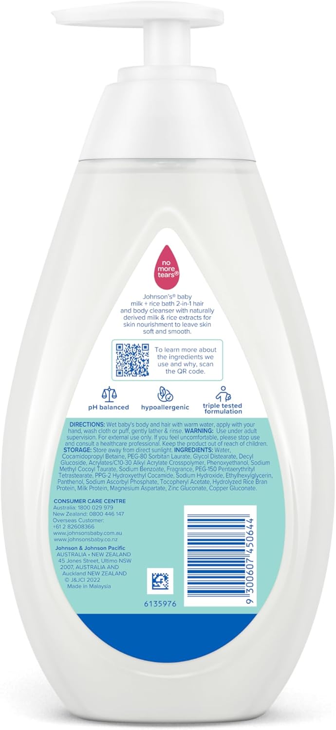 Johnson's Milk + Rice Gentle Nourishing Moisturising Tear-Free Baby Bath 500mL