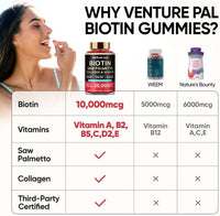 Venture Pal Biotin Gummies with Collagen & Keratin - Hair Growth Support Skin and Nail Strength Vitamins for Women & Men - Biotin 10000mcg | B-Complex | Saw Palmetto - Sugar Free, Non-GMO, 60ct