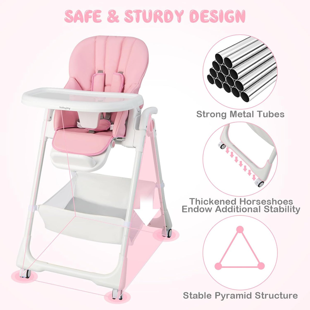 BABY JOY Baby High Chair, Foldable Highchair w/ 7 Heights, 5 Recline Positions (Pink)
