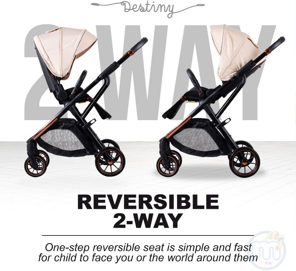 Destiny Black Convertible 2in1 Aluminium Alloy Pram Stroller Bassinet, Stroller Bag, Inner Cushion Included