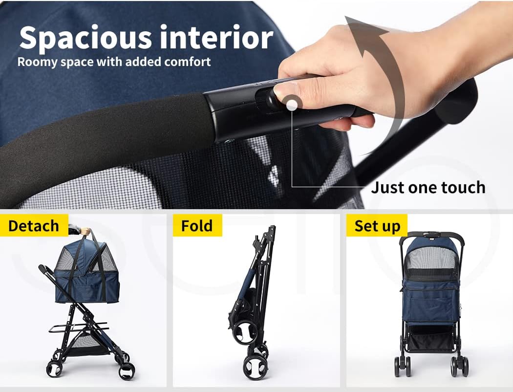 PaWz Large Pet Stroller Dog Cat Carrier Travel Pushchair Foldable Pram 4 Wheels Blue, Travel Pram, Dog Cat Trolley, Detachable Design Baby Pet Travel Stroller, Removable and Washable Padded