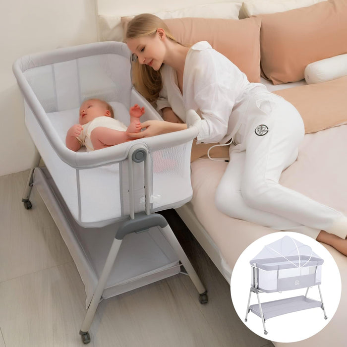 Baby Bassinet with Mattress, Bassinet Co Sleeper 3-in-1 Bedside Bassinets with 5 Adjustable Height, Baby Cot Cribs with Mosquito net and Carrying Bag, for 0-6 Months Babies(Gray)