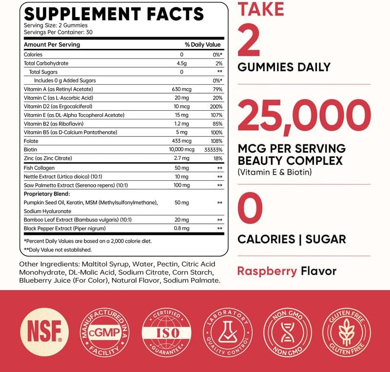 Venture Pal Biotin Gummies with Collagen & Keratin - Hair Growth Support Skin and Nail Strength Vitamins for Women & Men - Biotin 10000mcg | B-Complex | Saw Palmetto - Sugar Free, Non-GMO, 60ct