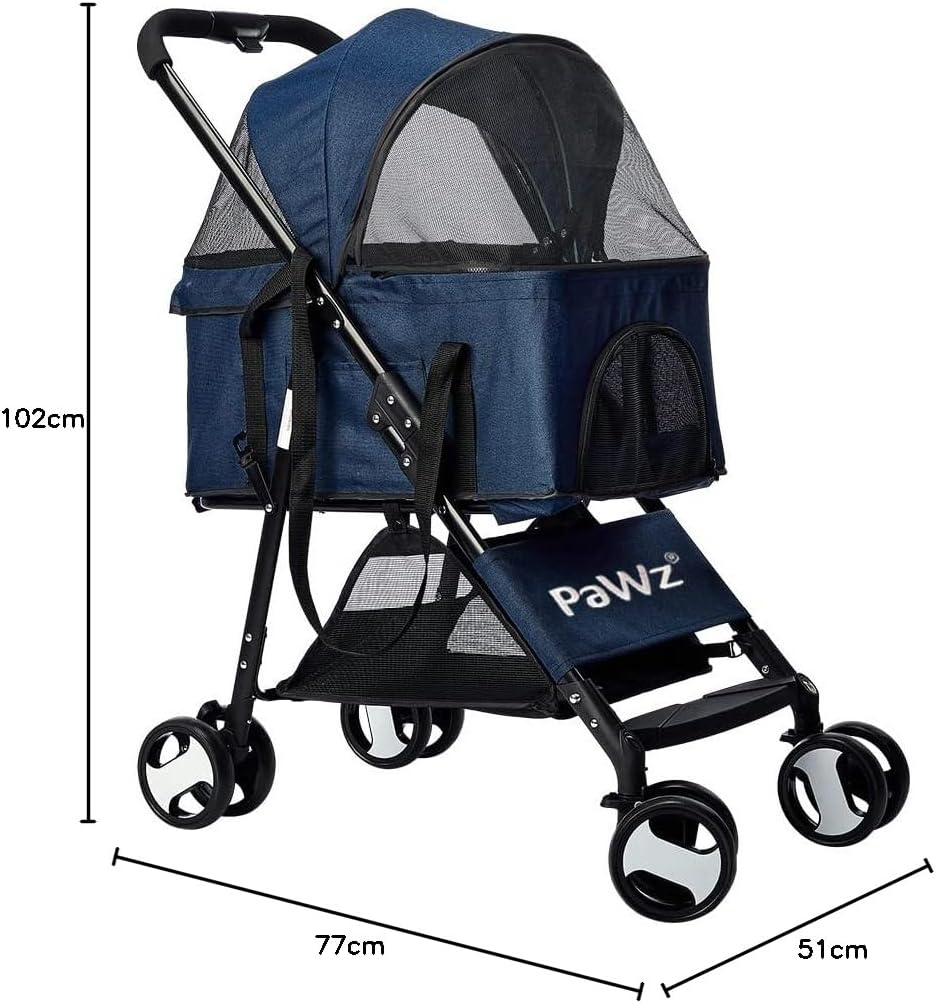 PaWz Large Pet Stroller Dog Cat Carrier Travel Pushchair Foldable Pram 4 Wheels Blue, Travel Pram, Dog Cat Trolley, Detachable Design Baby Pet Travel Stroller, Removable and Washable Padded