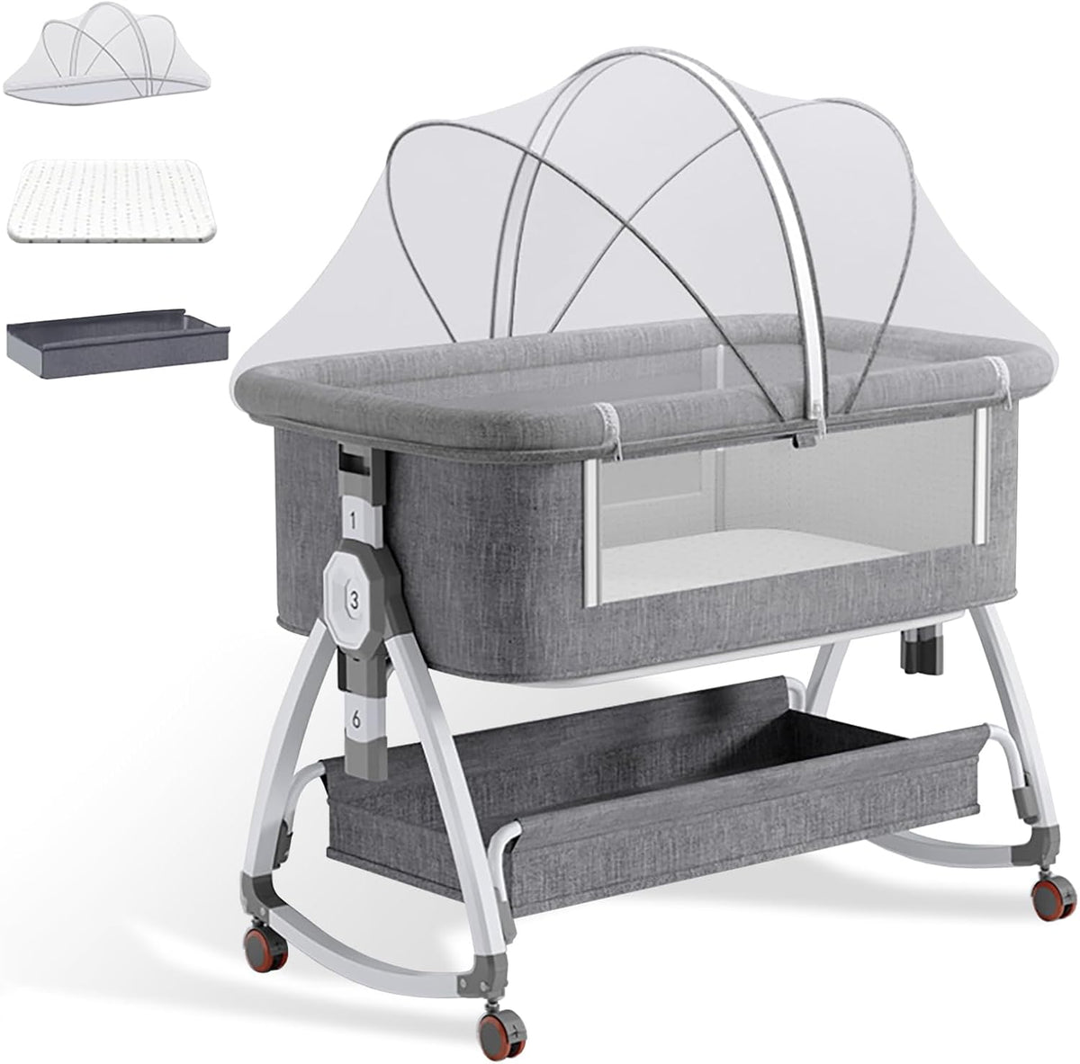 Baby Bassinet with Mattress,3-in-1 Bedside Bassinets with 6 Height Adjustable(Gray)