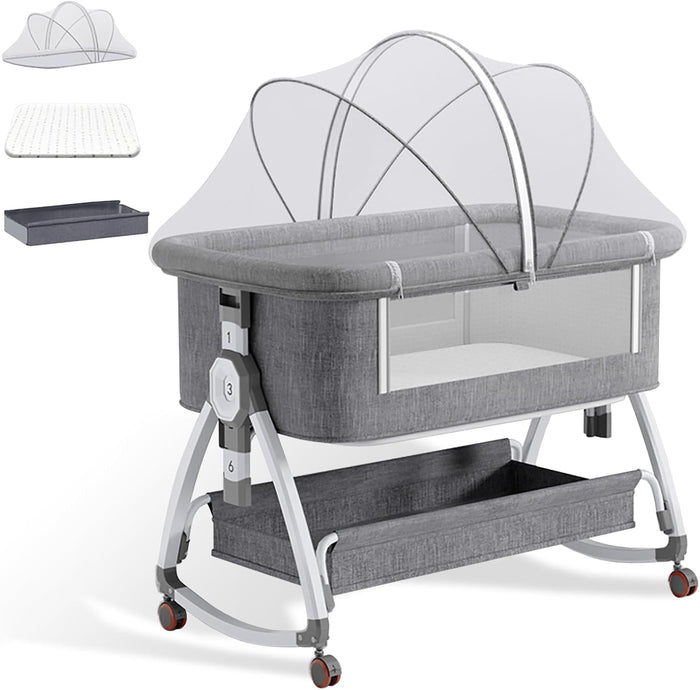 Baby Bassinet with Mattress,3-in-1 Bedside Bassinets with 6 Height Adjustable(Gray)