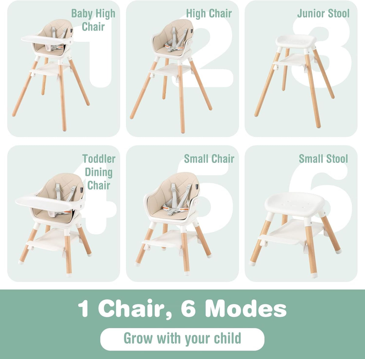 BABY JOY 6-in-1 Convertible Wooden High Chair, Baby High Chair with Double Dishwasher, Beige