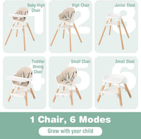 BABY JOY 6-in-1 Convertible Wooden High Chair, Baby High Chair with Double Dishwasher, Beige