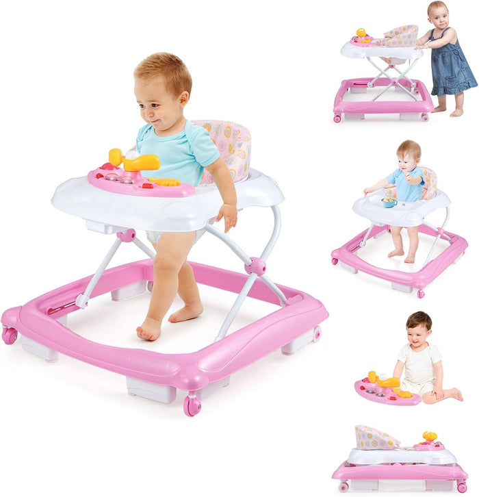 BABY JOY Foldable Baby Walker, Toddler Activity Center Push Walker with 3 Adjustable Heights(Pink)