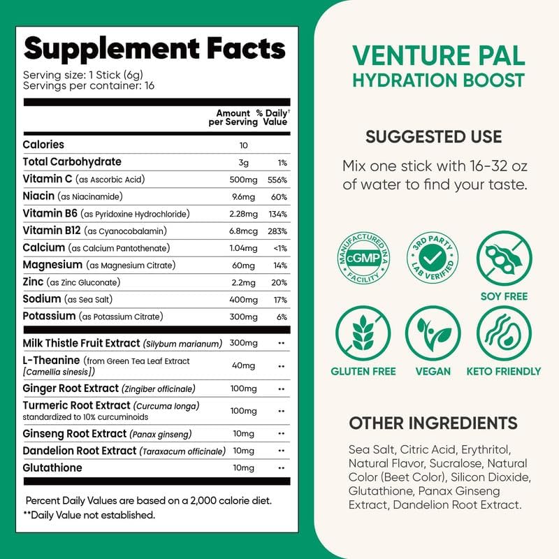 Venture Pal Hydration Packets + Liver Support- Liquid Daily IV Electrolyte Powder Packets with 7 Electrolytes & 5 Vitamins, Milk Thistle + L-Theanine | Sugar-Free | Keto Friendly | Vegan, 16 Sticks