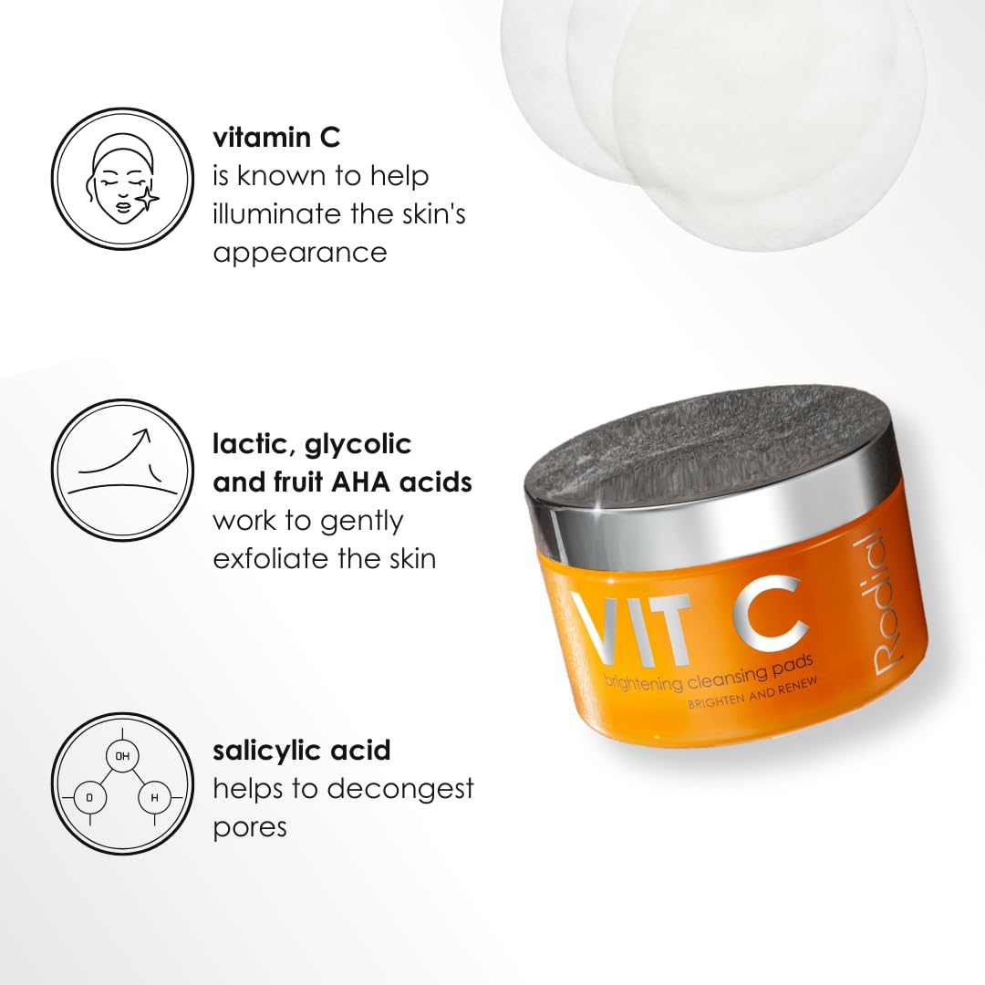 Rodial Vit C Brightening Cleansing Pads - Toning and Purifying Pads, Resurfacing Pads for Day and Night, Vitamin C to Illuminate, AHA Acids to Exfoliate and Salicylic Acid to Tighten Pores
