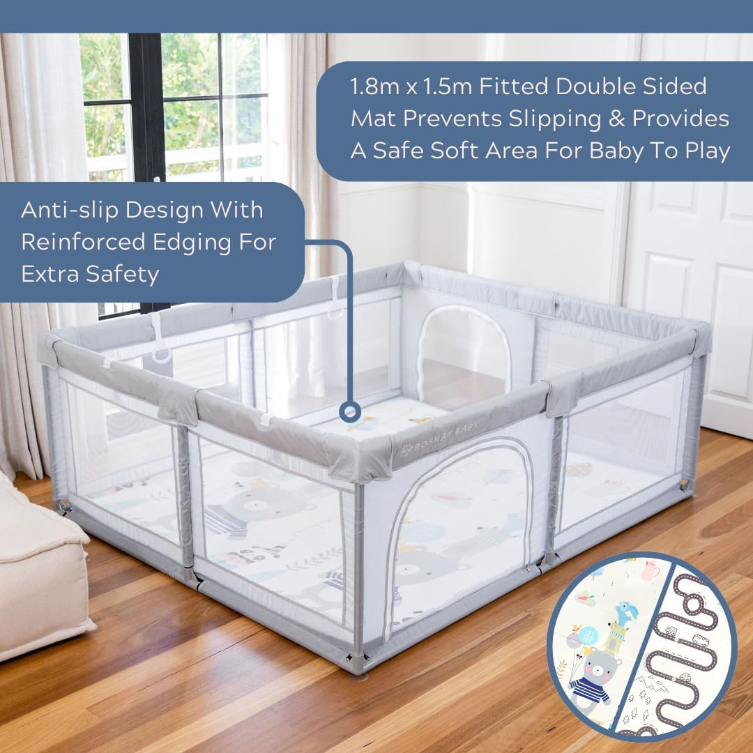 BABY Large Grey Playpen with Mat (Roads/Bears), 1.8m x 1.5m Large Playpen in Grey