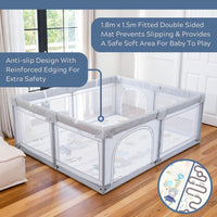 BABY Large Grey Playpen with Mat (Roads/Bears), 1.8m x 1.5m Large Playpen in Grey